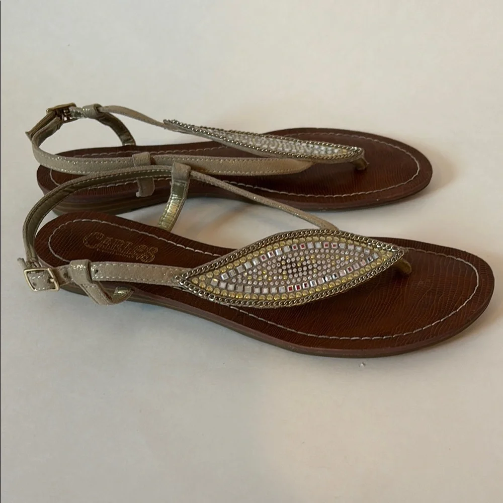 FINAL! Carlos by Carlos Santana Gold and Brown Sandals T-Strap Design - Picture 3 of 6